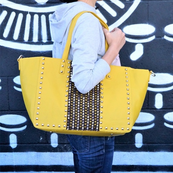 Pink Haley Handbags - Mustard Colored Studded Tote Large Size